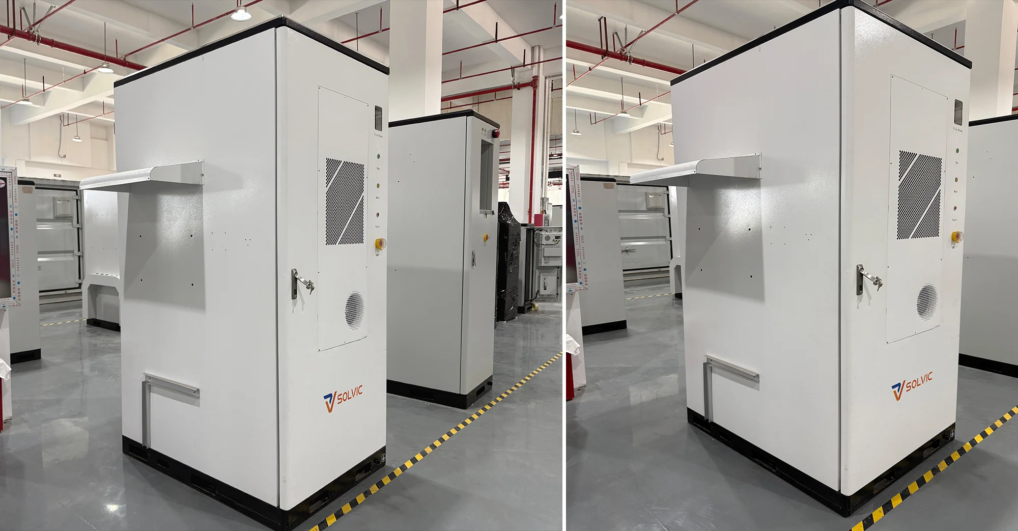 Solvic 241KWH 100KW air cooling battery cabinet factory photo – actual cabinet on production line, showing side ventilation louvers, front access doors, industrial build quality, and quality control inspection for commercial BESS manufacturing